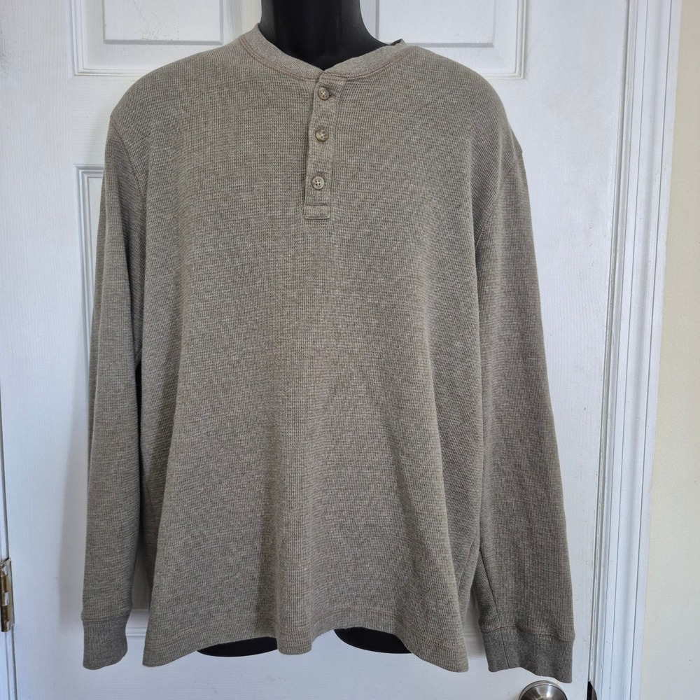 Eddie Bauer Mens Large Waffle Knit Henley Shirt Long Sleeve Thermal Olive Green